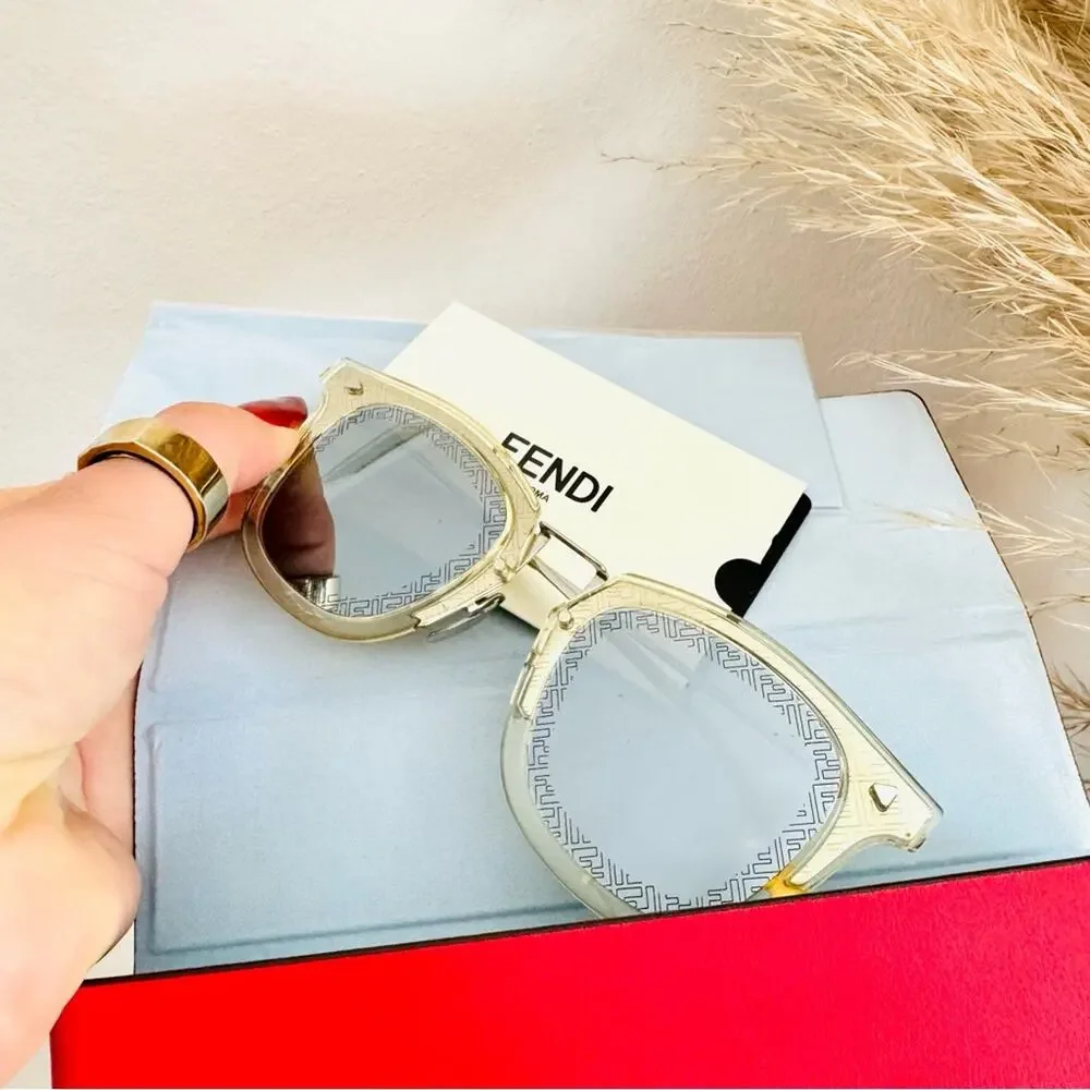 FENDI Logo Silver Yellow Metallic Grey Mirror Lens $595 Sunglasses Magnetic Case